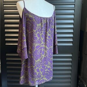 SMYMM Purple and Green Abstract Swirl Cold Shoulder Flutter Sleeve Fairy Dress